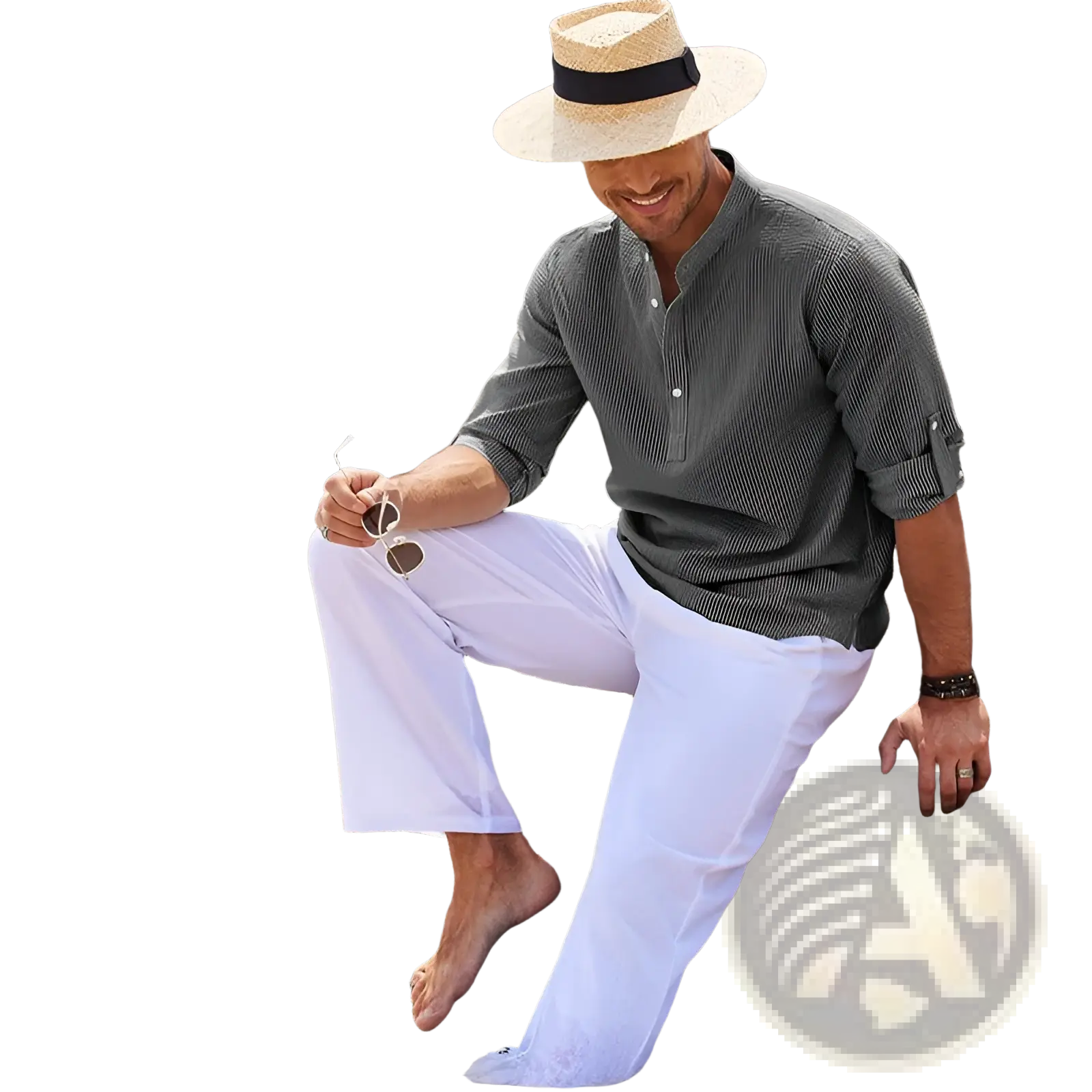Man wearing a dark green striped ribbed cotton blend stand collar shirt paired with white trousers and a straw hat