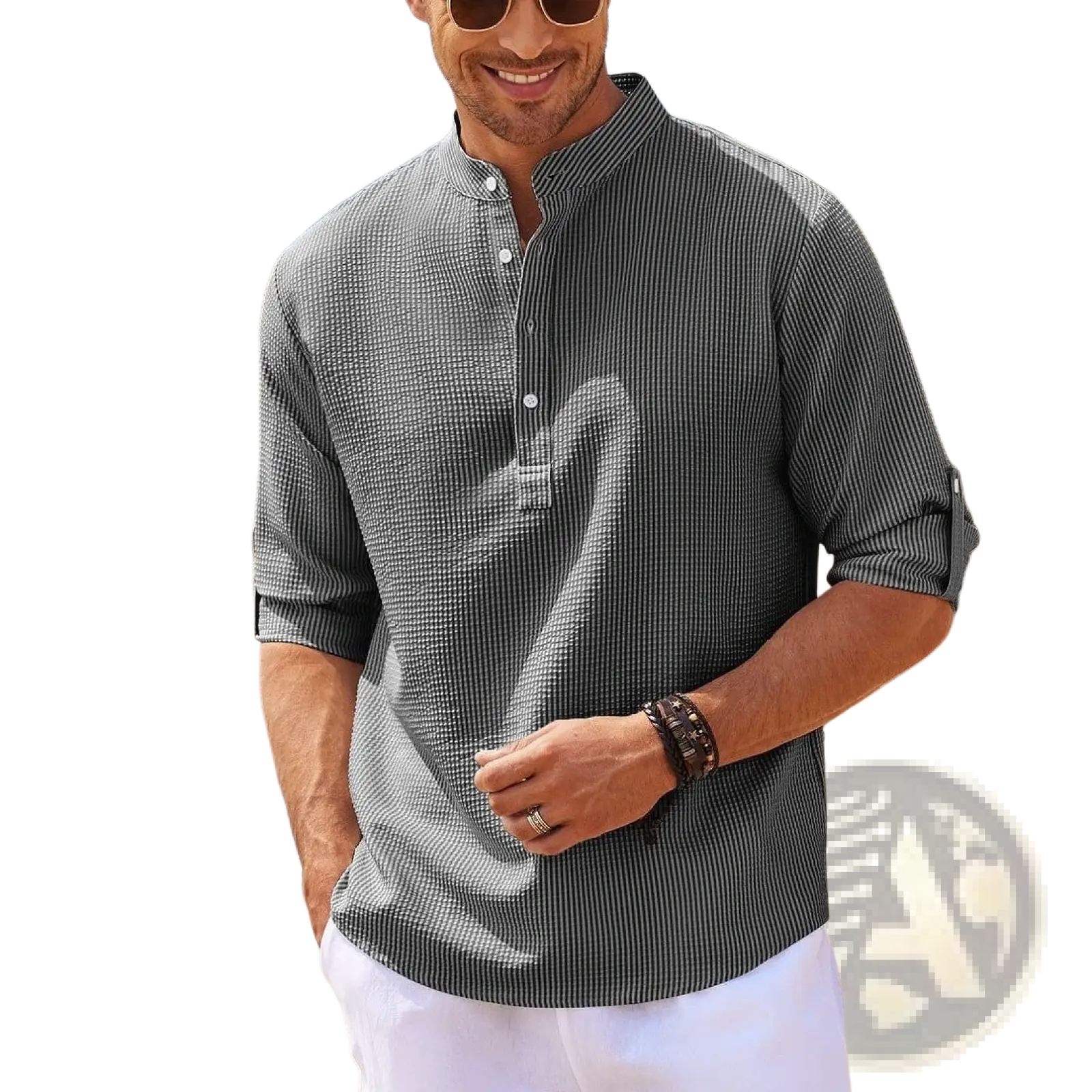 A man wearing a men’s casual ribbed cotton blend stand collar shirt in dark gray and white striped short sleeves
