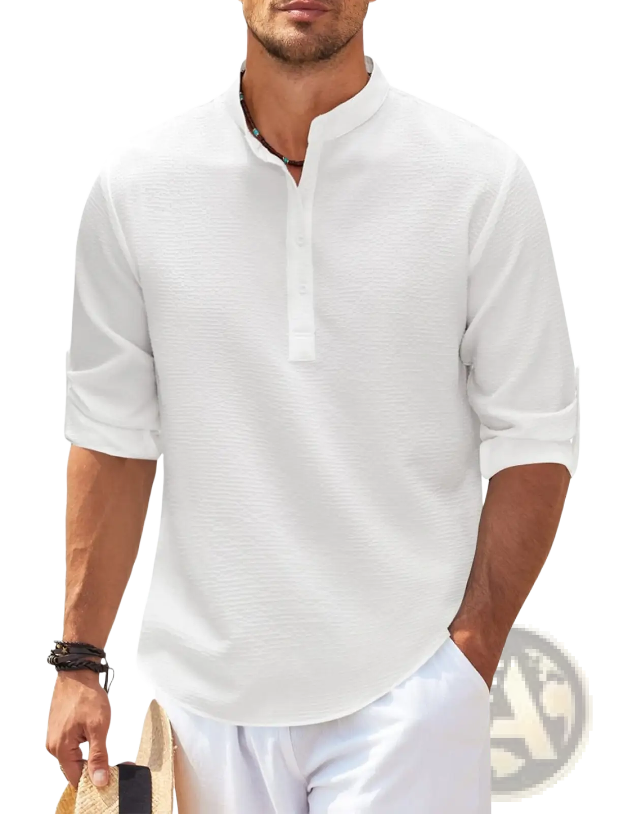 Men’s casual white ribbed cotton blend henley shirt with short sleeves and rolled cuffs for versatile wear
