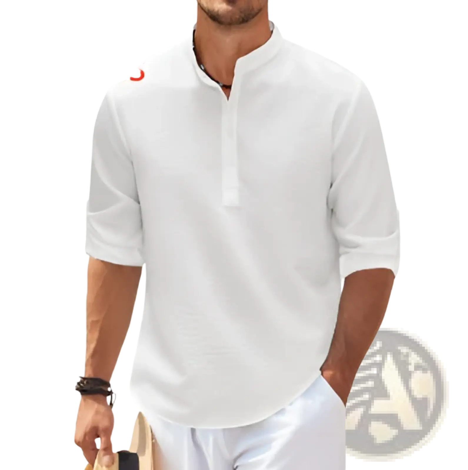 Men’s casual ribbed cotton blend white short-sleeved shirt with stand collar and button placket