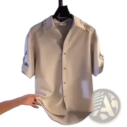 Mens casual short sleeve button down shirt in beige with rolled cuffs and subtle collar displayed on a hanger
