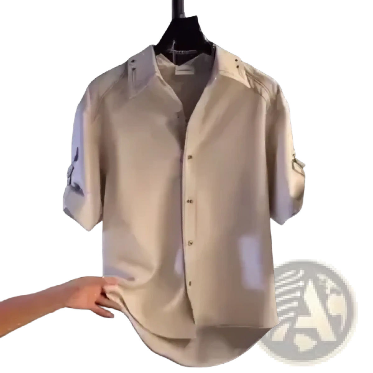 Mens casual short sleeve button down shirt in beige with rolled cuffs and subtle collar displayed on a hanger