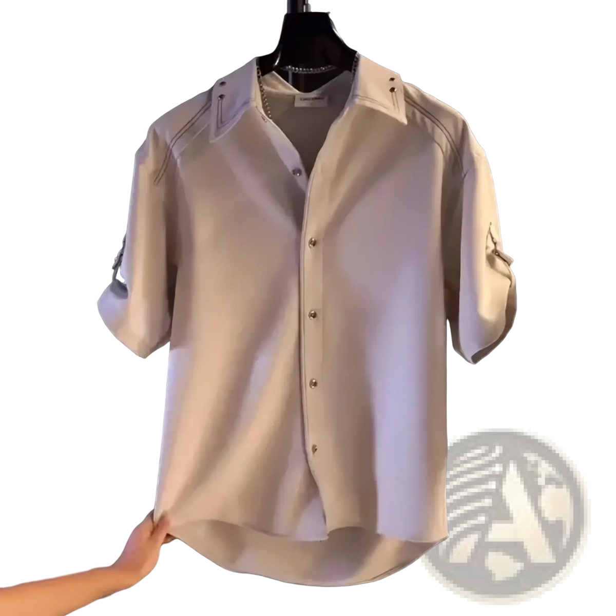 Mens casual short sleeve button down shirt in crisp white with subtle stitching and rolled cuffs