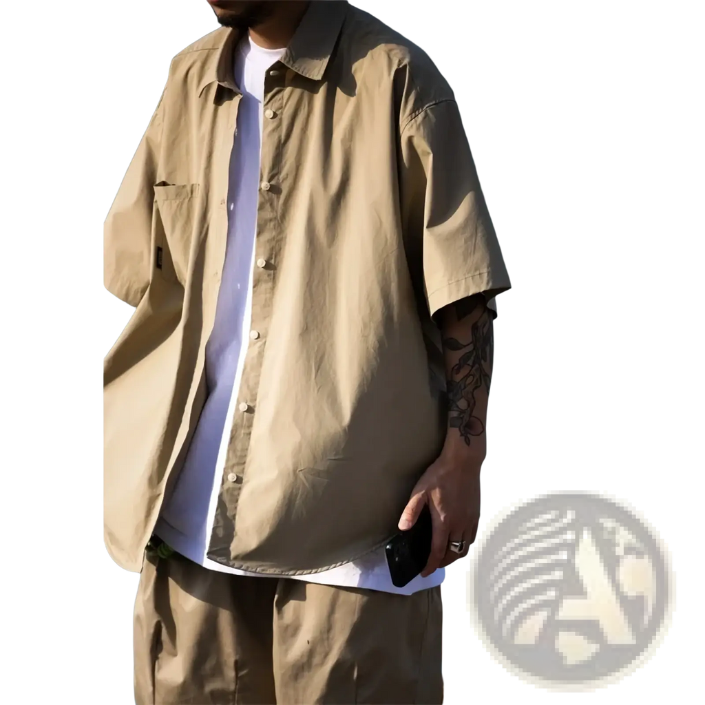 Mens casual short sleeve button up shirt in beige with relaxed fit and subtle stitching details