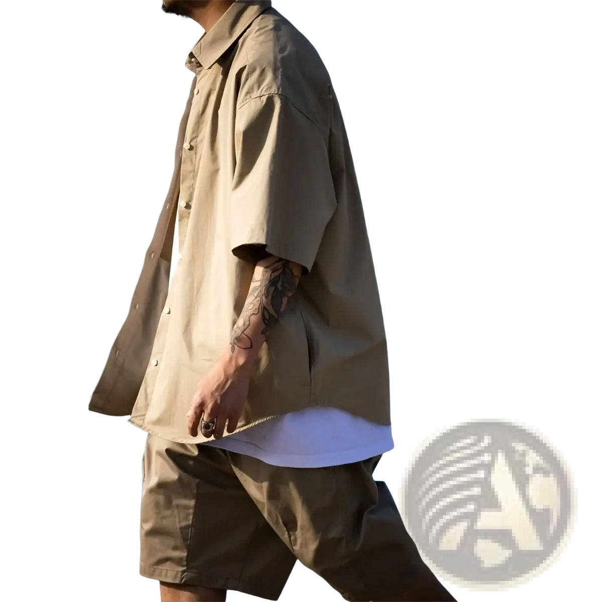 Beige mens casual short sleeve button up shirt with relaxed fit and subtle stitching details