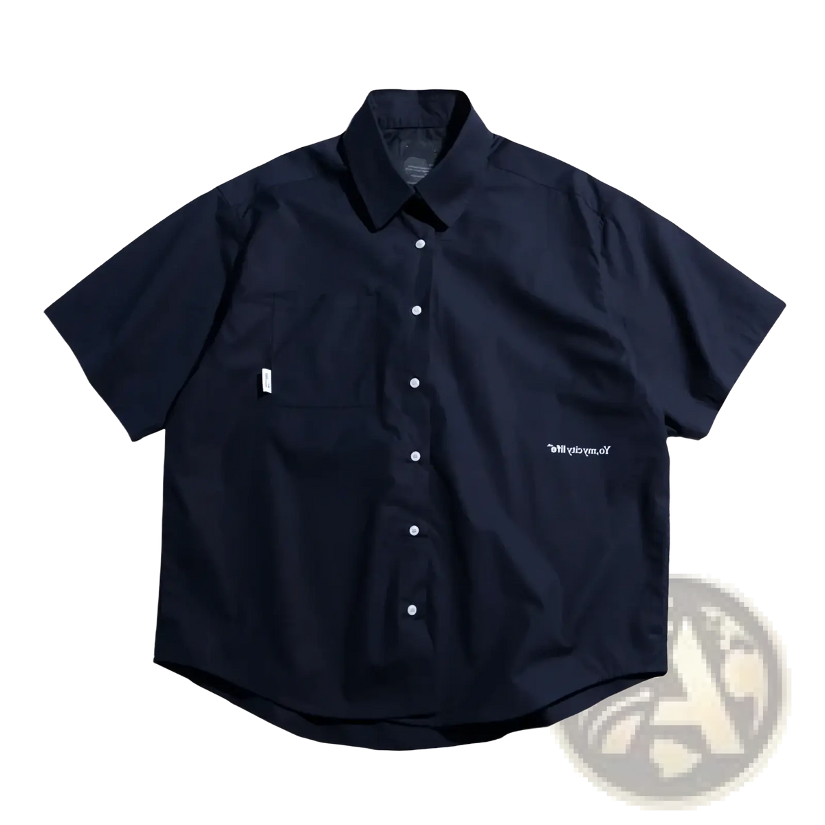 Navy blue mens casual short sleeve button up shirt with white buttons and subtle embroidered chest branding