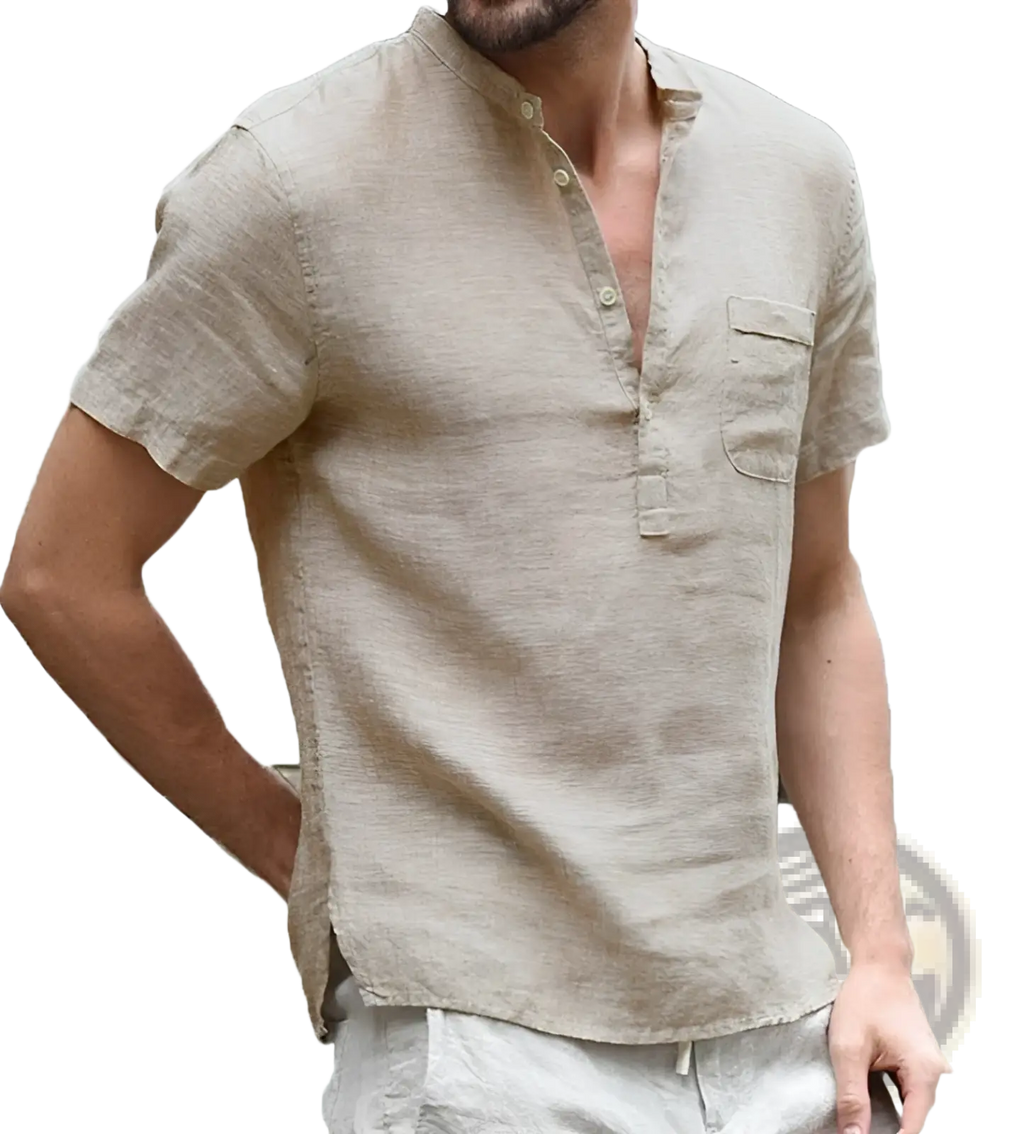 Men’s casual beige short sleeve linen blend summer shirt with button-down front and chest pocket