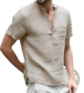 Men’s casual beige short sleeve linen blend summer shirt with button-down front and chest pocket