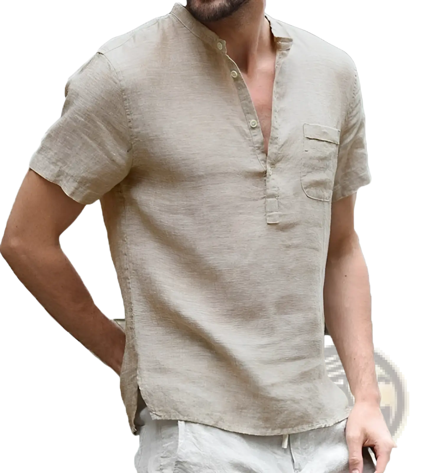 Men’s casual beige short sleeve linen blend summer shirt with button-down front and chest pocket