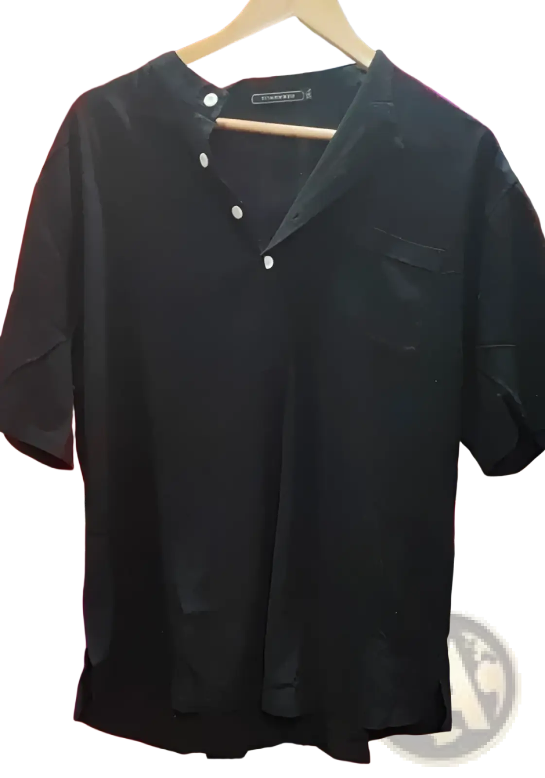 Men’s casual short sleeve linen blend summer shirt in black with white buttons and chest pocket on wooden hanger