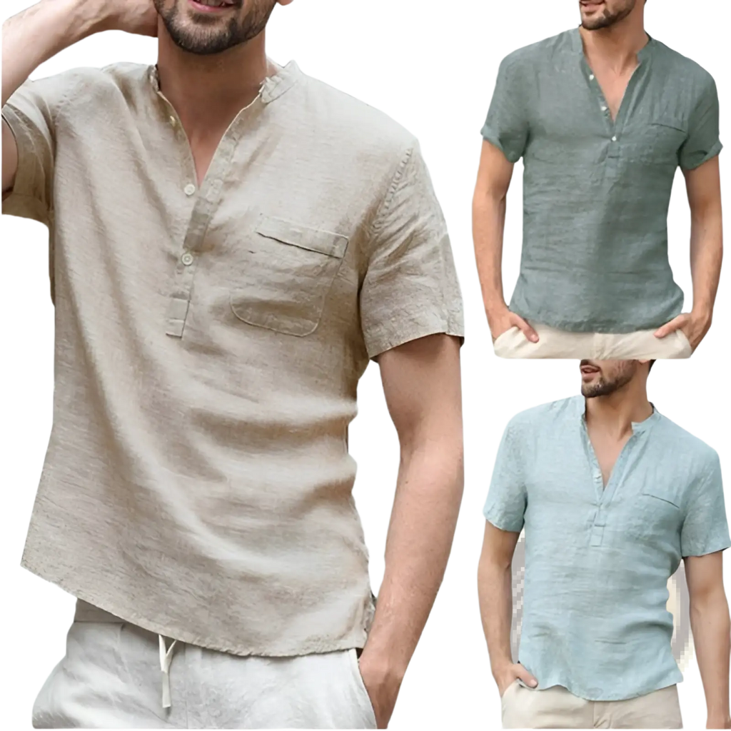 Beige linen blend short sleeve henley shirt with buttoned placket and chest pocket for men’s casual summer wear