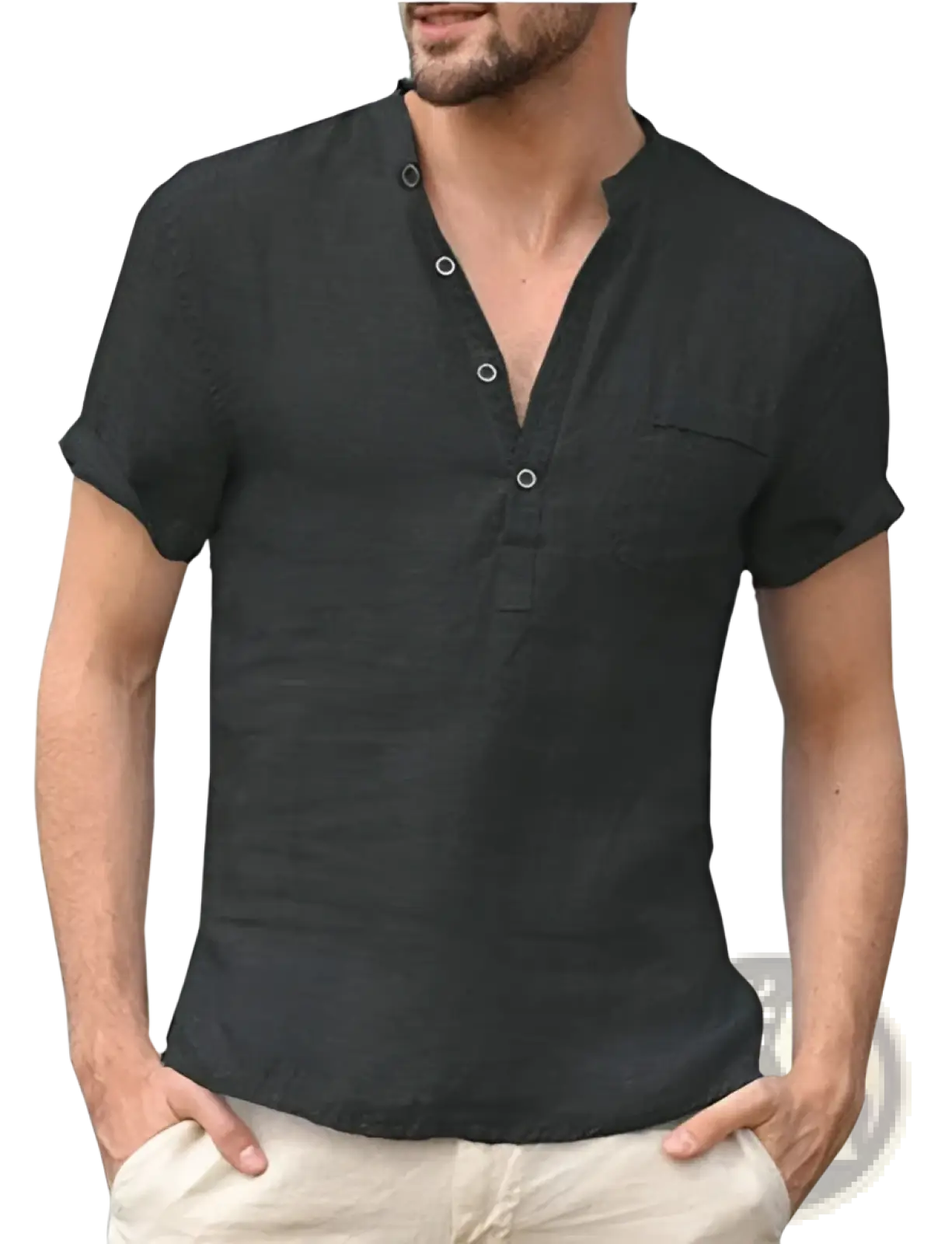 Men’s casual black short sleeve linen blend summer shirt with button-down front and chest pocket