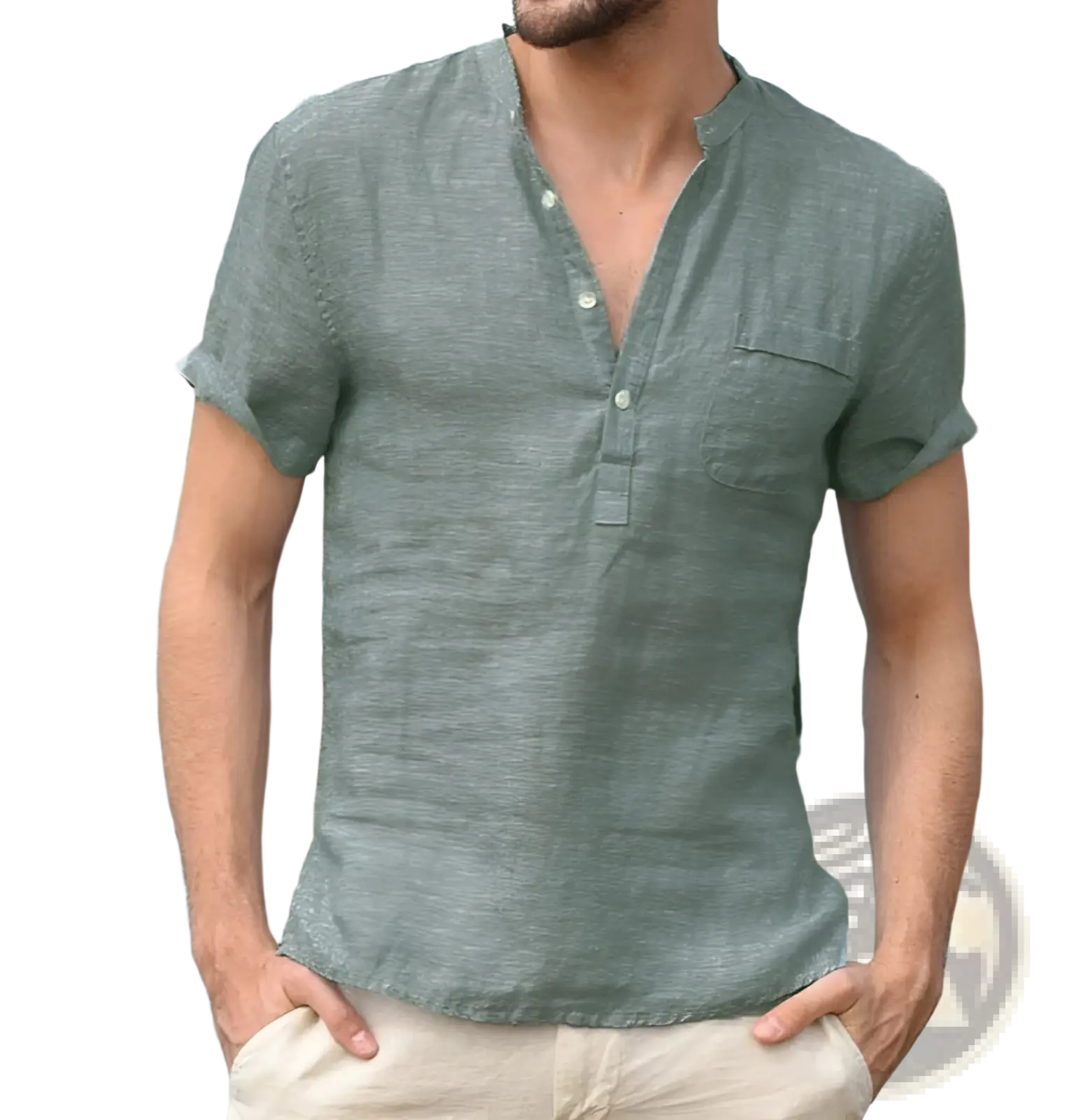 Men’s casual short sleeve linen blend summer shirt in muted sage green with button-down front and chest pocket