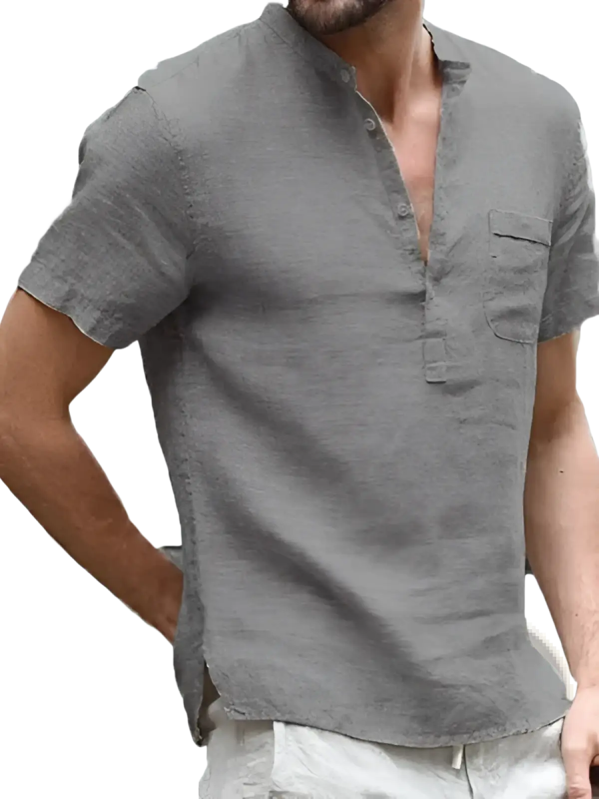 Men’s casual gray linen blend short sleeve shirt with button-down front and chest pocket for summer wear