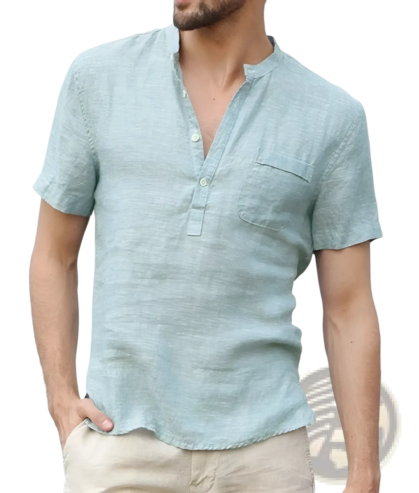 Men’s casual short sleeve light blue linen blend summer shirt with button-down front and chest pocket