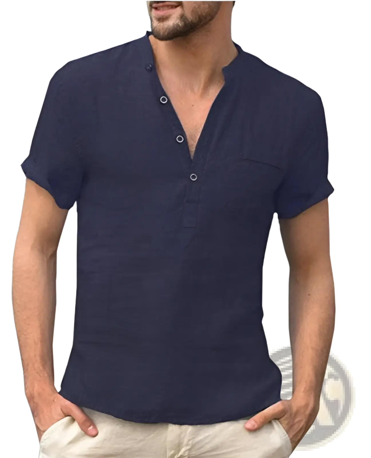 Men’s casual navy blue short sleeve henley shirt with button placket and chest pocket in a linen blend fabric