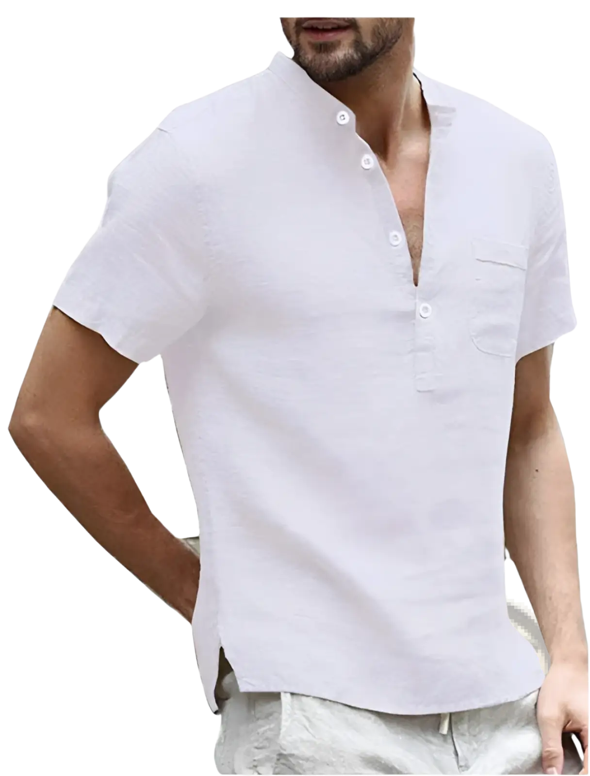 Men’s casual white short sleeve linen blend summer shirt with button-down front and chest pocket