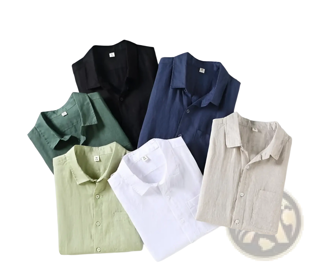 Six neatly folded men’s casual short sleeve pure linen button down shirts in black navy blue green light green white and beige