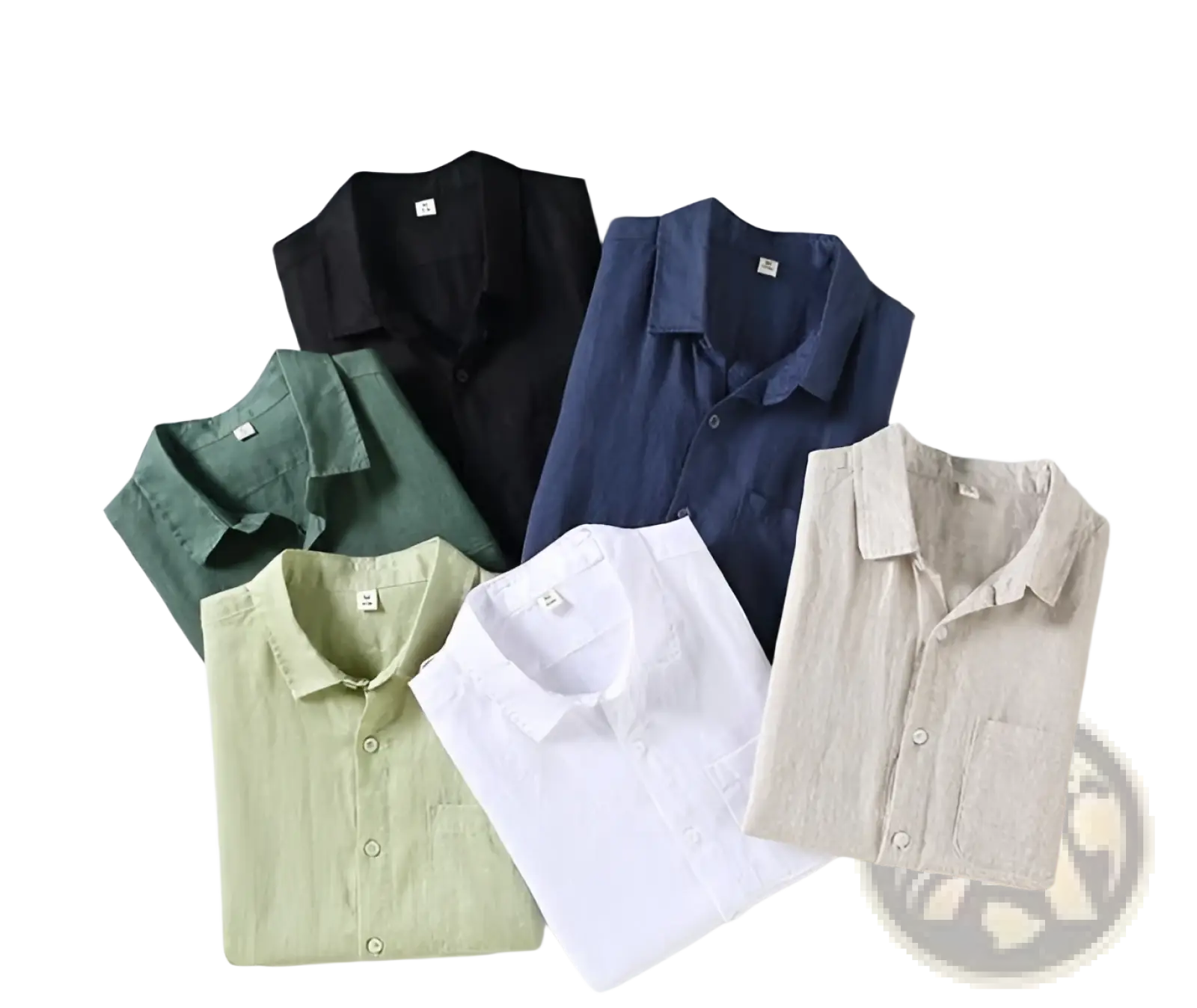 Six neatly folded men’s casual short sleeve pure linen button down shirts in black navy blue green light green white and beige