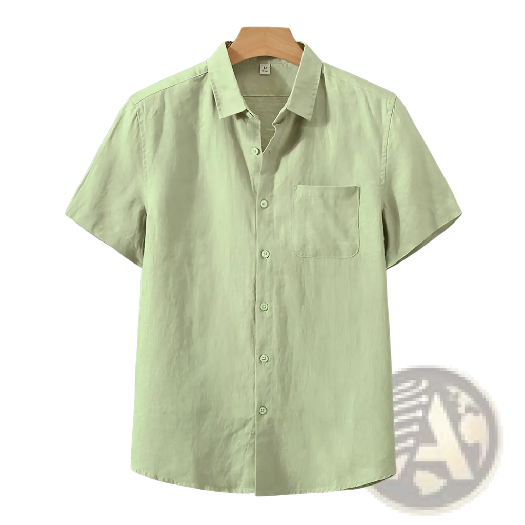 Men’s casual short sleeve pure linen button down shirt in light green with chest pocket and subtle texture