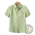 Men’s casual short sleeve pure linen button down shirt in light green with chest pocket and subtle texture