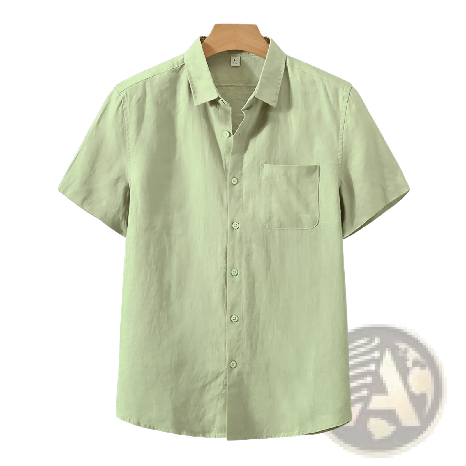 Men’s casual short sleeve pure linen button down shirt in light green with chest pocket and subtle texture