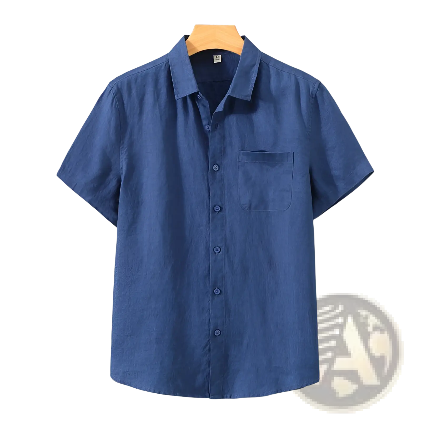 Men’s casual blue short sleeve pure linen button down shirt with collar and front buttons for warm weather wear