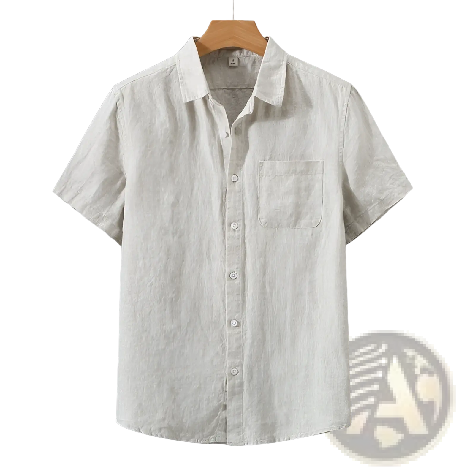 Men’s casual short sleeve pure linen button down shirt in light beige with classic collar and chest pocket