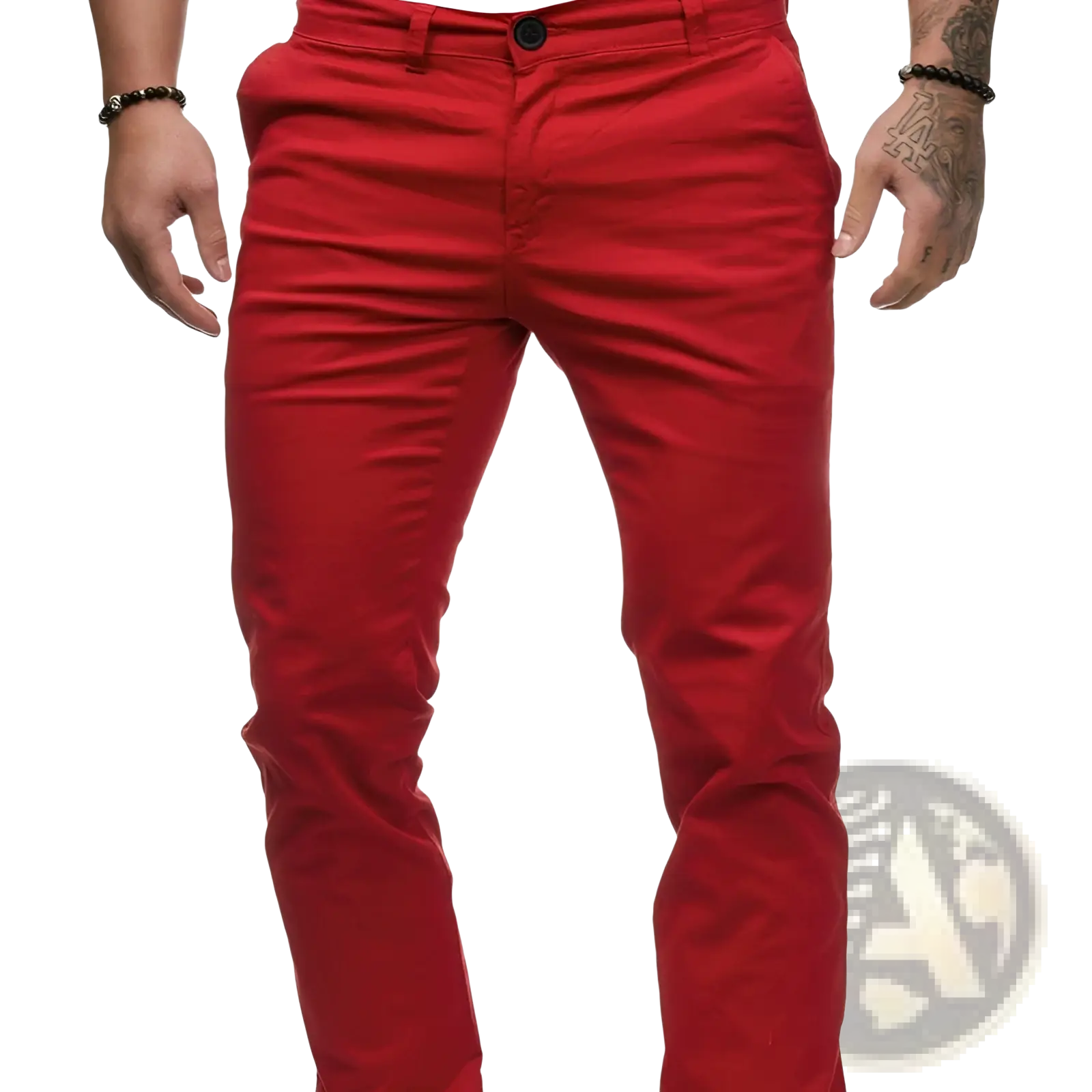 Men’s casual slim fit chinos in bright red with a classic straight-leg cut and black button closure