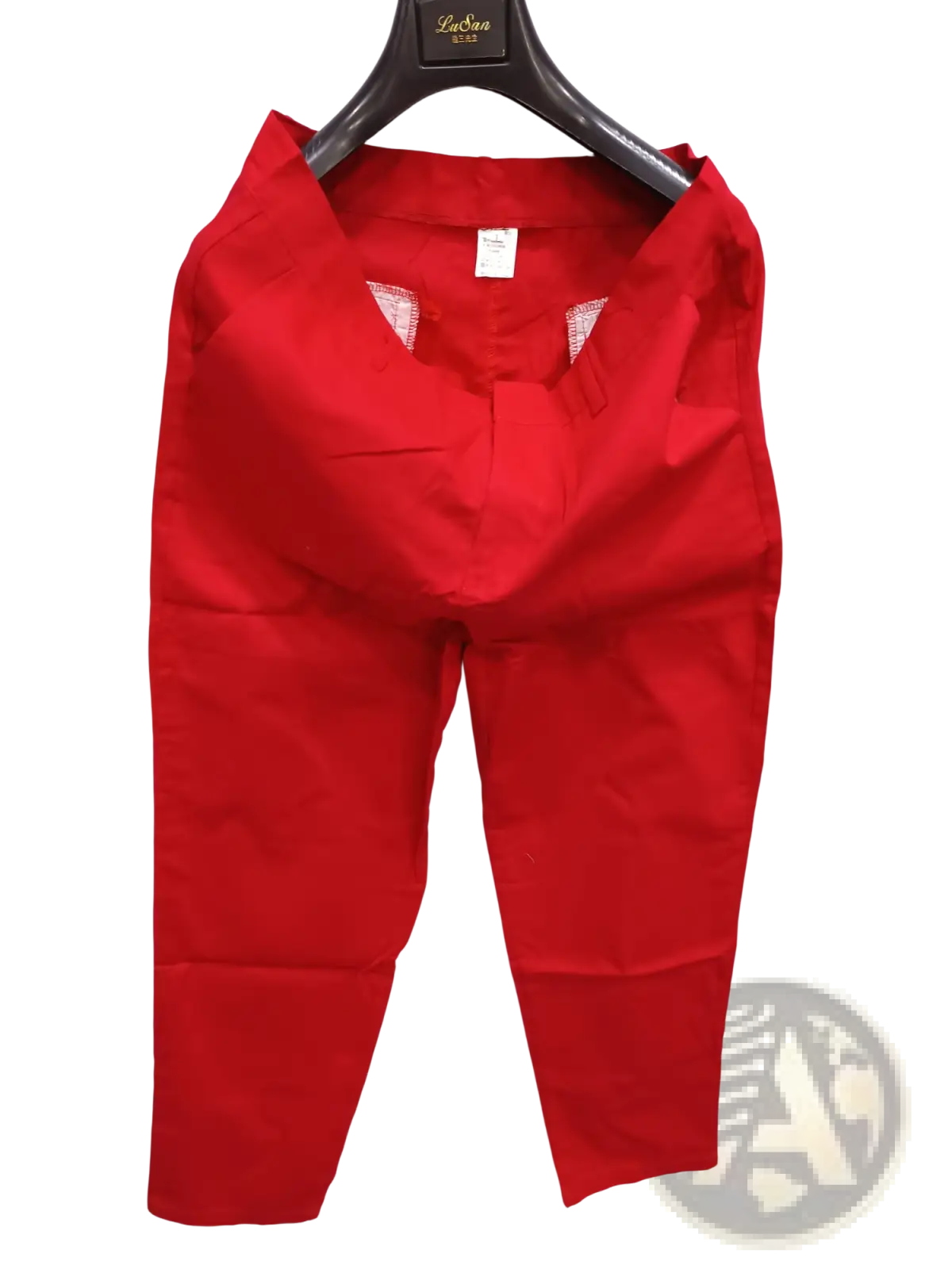 Red women’s high waist straight-leg trousers hanging on a black hanger suitable for casual slim fit styles
