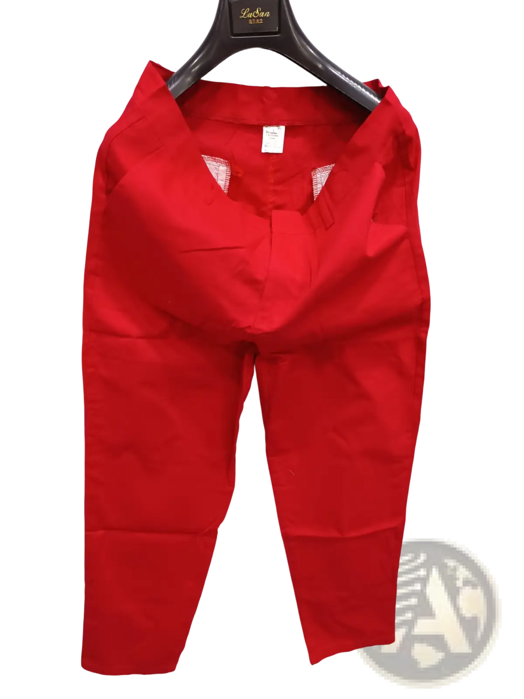 Red women’s high waist straight-leg trousers hanging on a black hanger suitable for casual slim fit styles