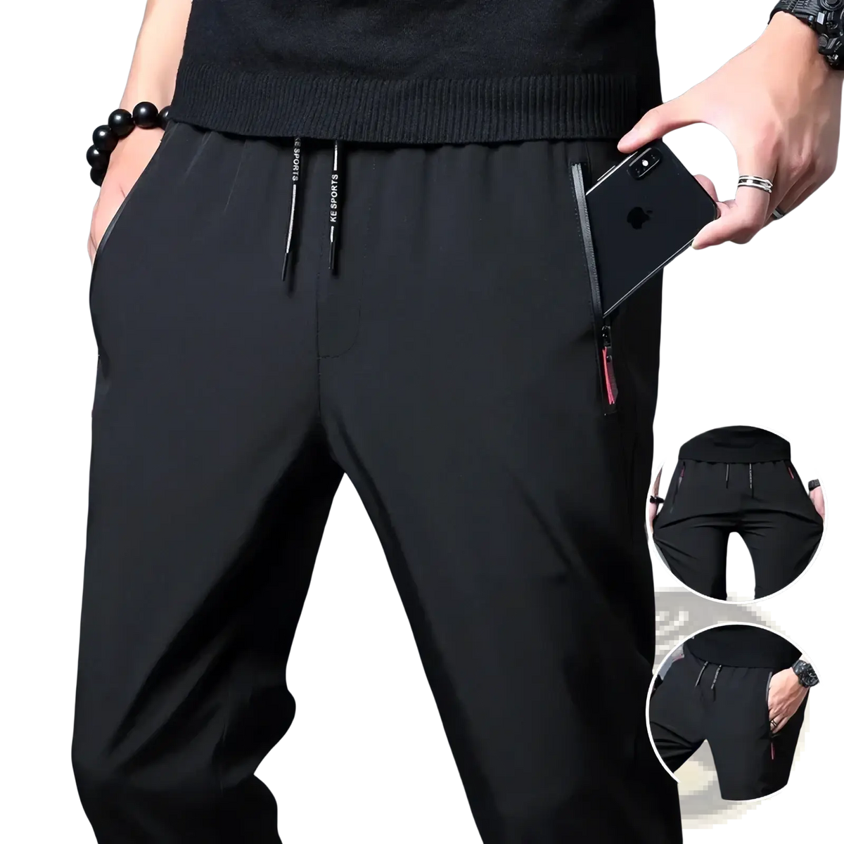 Men’s casual slim joggers in black with a drawstring waist, side pockets, and subtle branding on the drawstrings