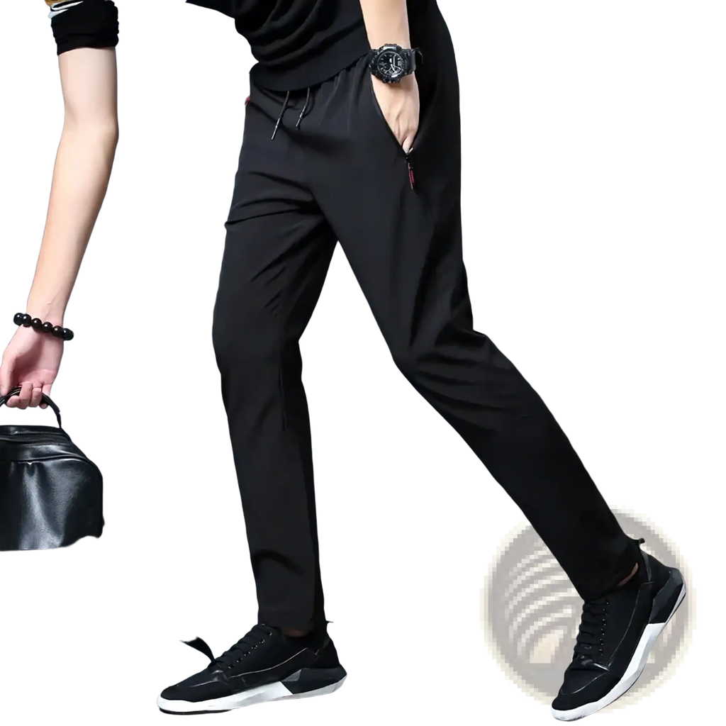 Men’s casual slim joggers in black with a drawstring waist and subtle red accent on the side pocket
