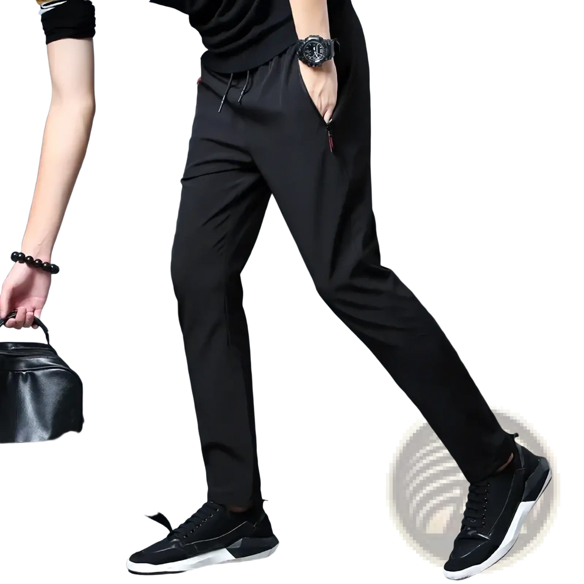 Men’s casual slim joggers in black with a drawstring waist and subtle red accent on the side pocket