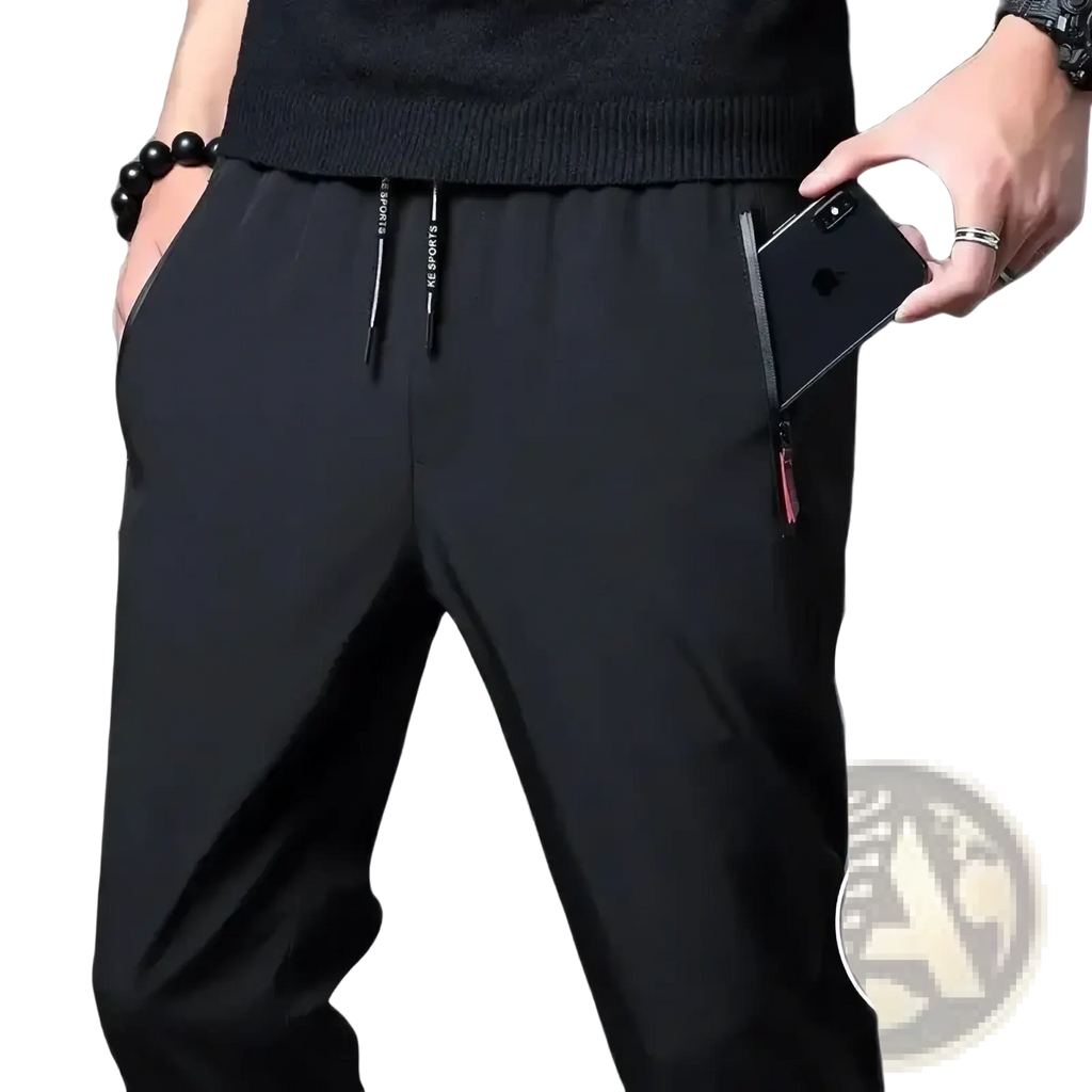 Men’s casual slim black joggers with drawstring waistband and side pockets featuring a smartphone holder
