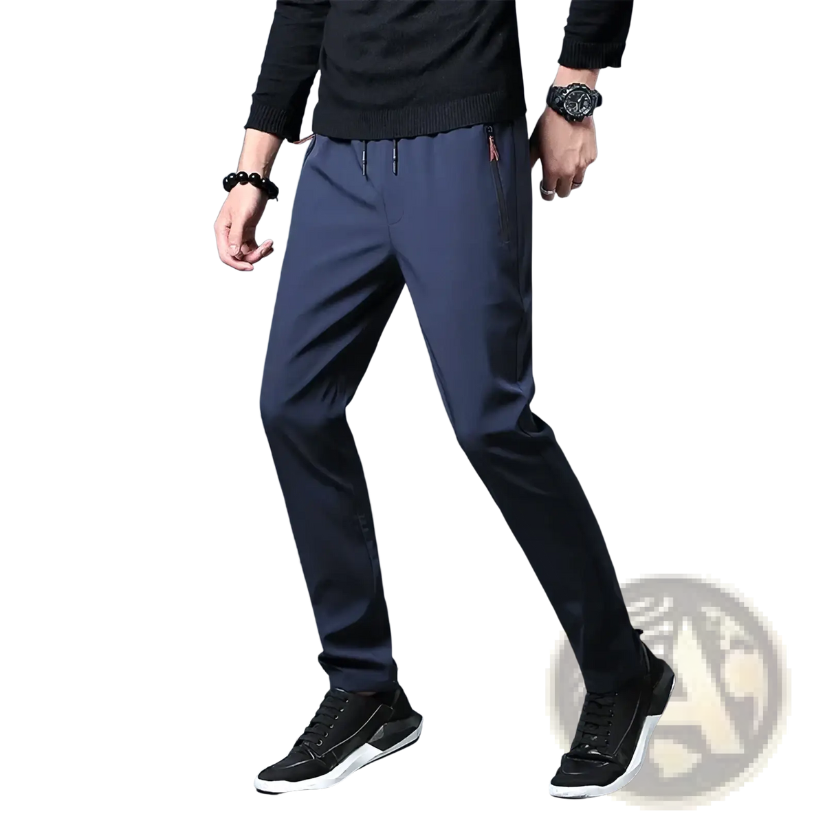 Men’s casual slim joggers in dark blue with a slim fit, side pockets, and a drawstring waistband for comfort