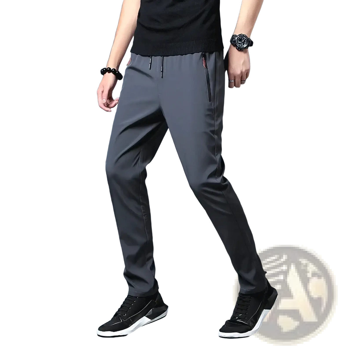 Men’s casual slim joggers in dark gray with sleek slim-fit design and subtle side pockets for athletic wear