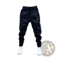 Mens casual solid color sweatpants in black with elastic waistband drawstrings and a small logo patch on the thigh