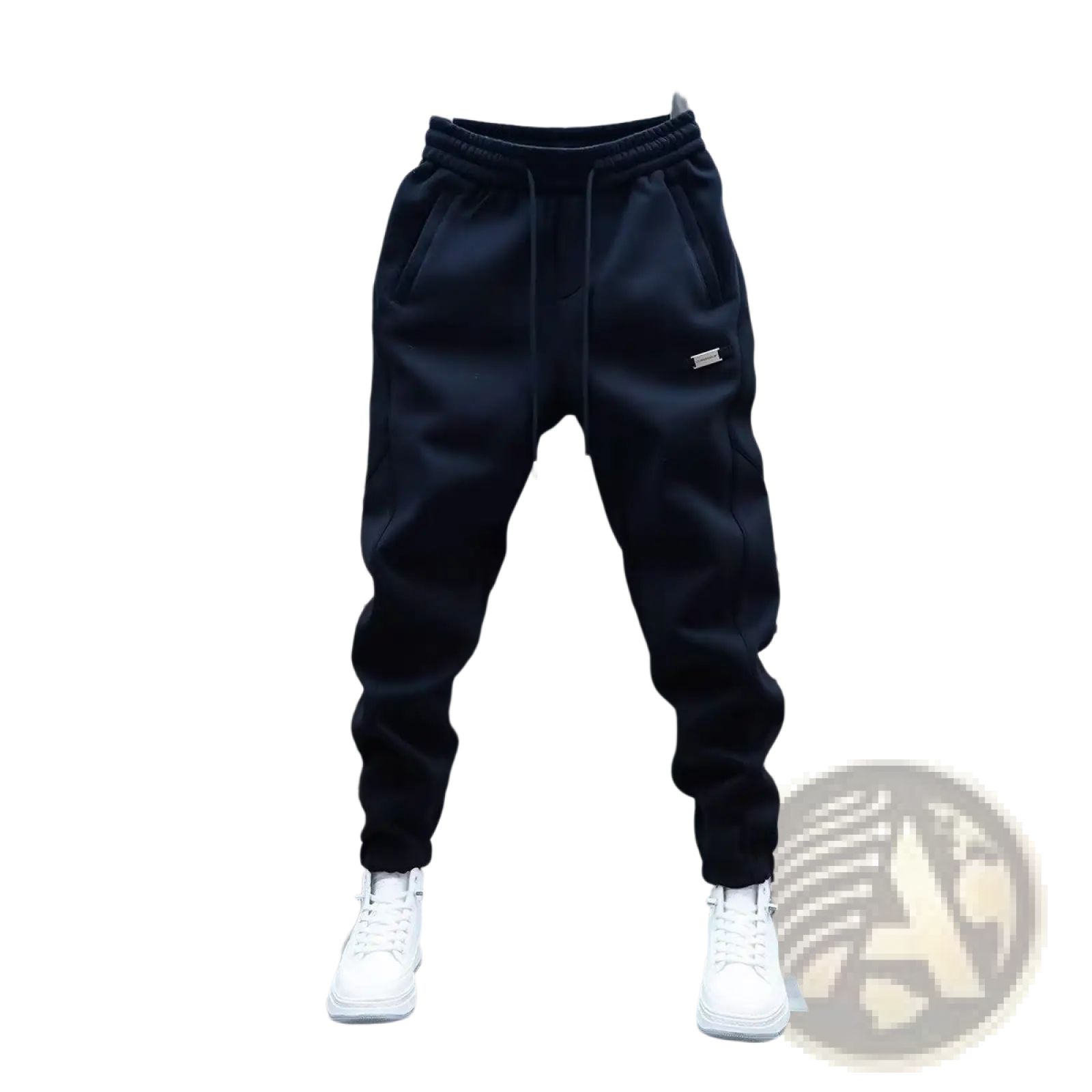 Mens casual solid color black sweatpants with elastic waistband drawstrings and a small logo patch on the thigh