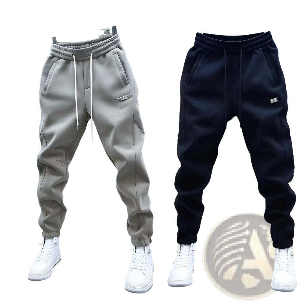 Mens casual solid color sweatpants in gray and black with drawstring and elastic cuffs displayed on hangers