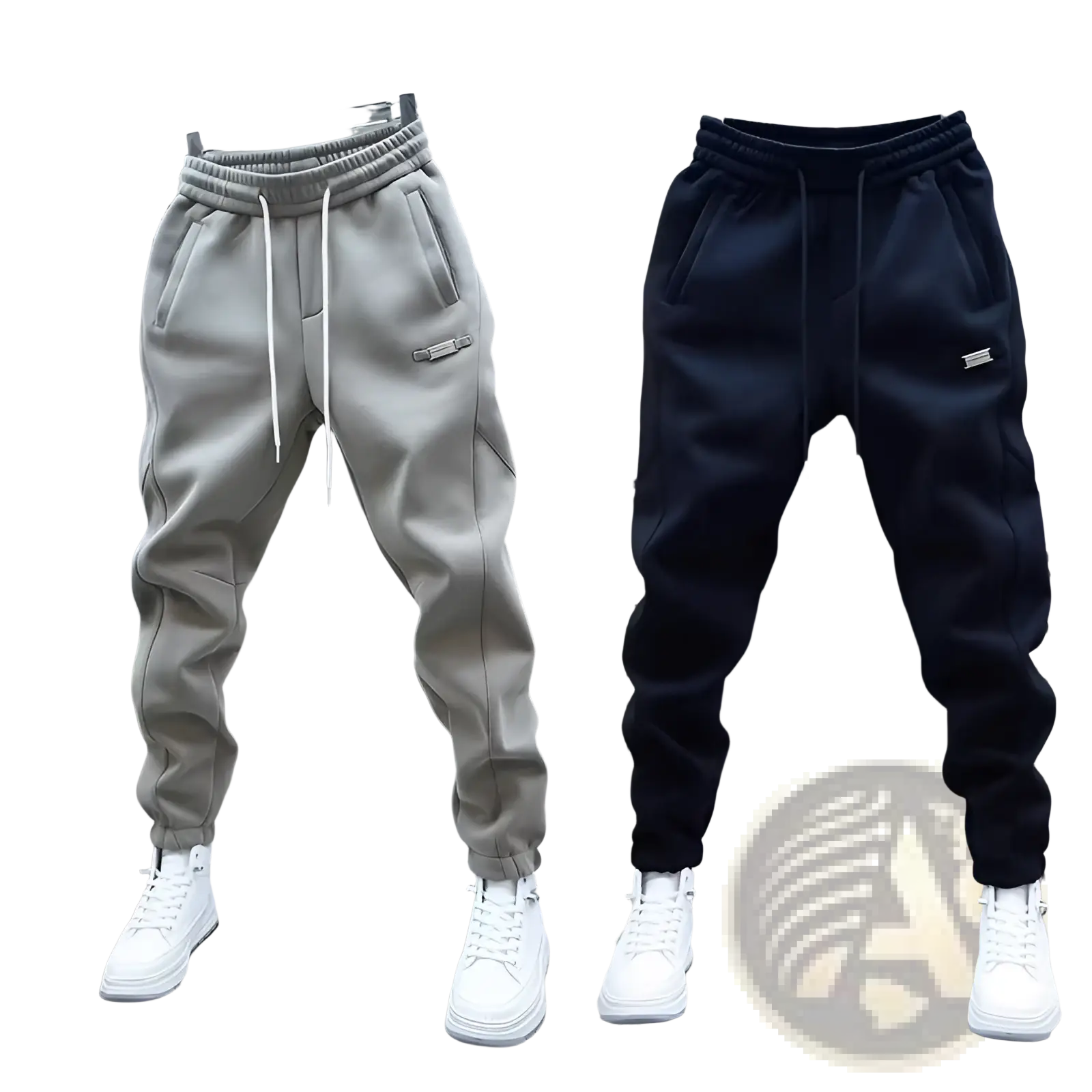 Mens casual solid color sweatpants in gray and black with drawstring and elastic cuffs displayed on hangers