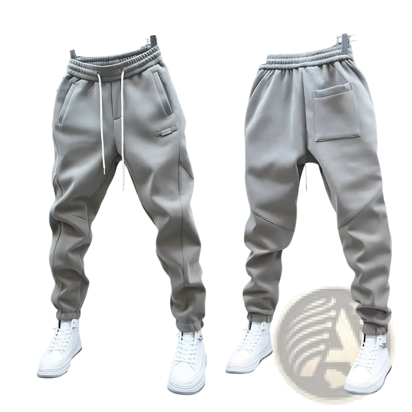 Mens casual solid color sweatpants in gray with elastic waistband white drawstrings side pockets and tapered legs