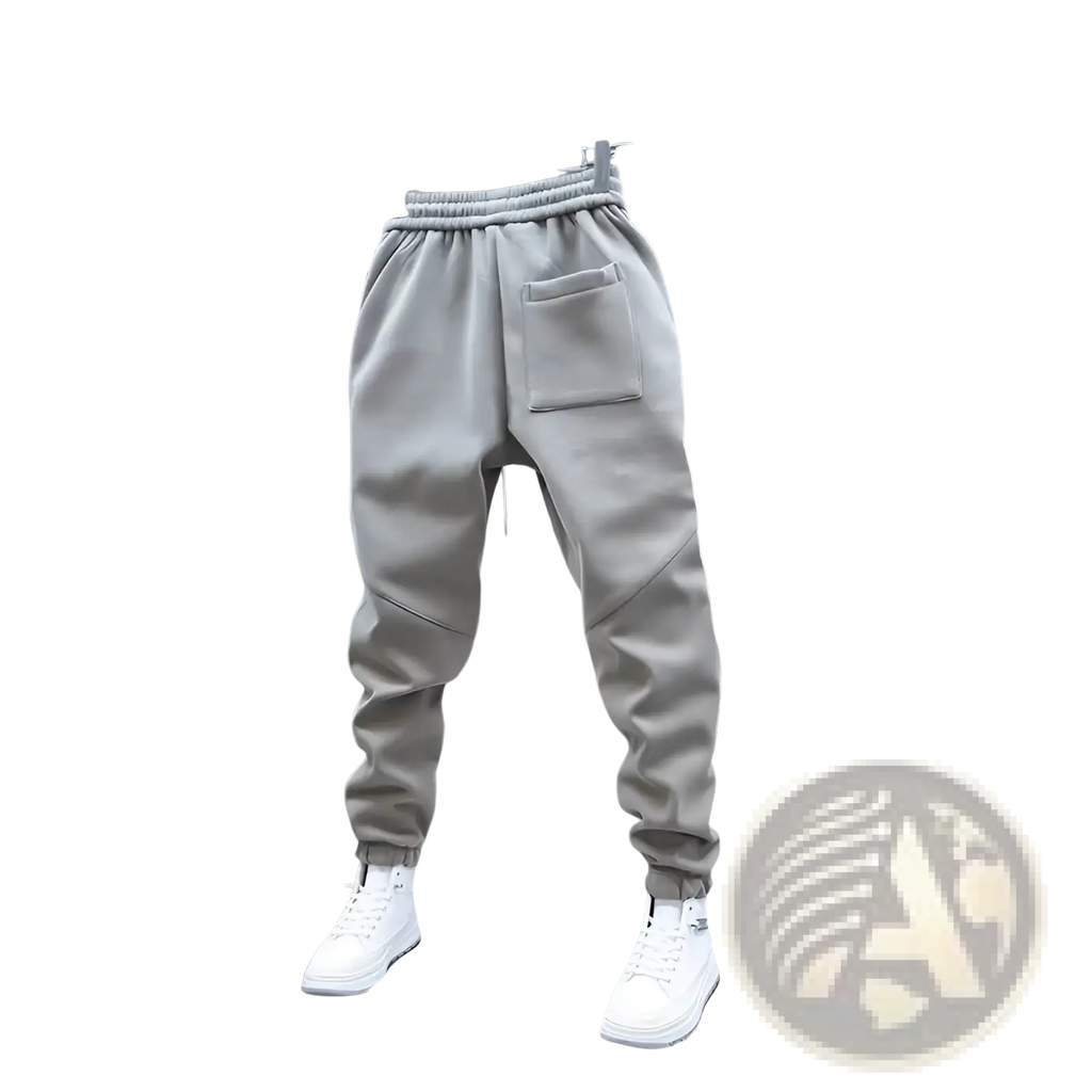 Gray mens casual solid color sweatpants with elastic waistband and single front pocket displayed on a hanger