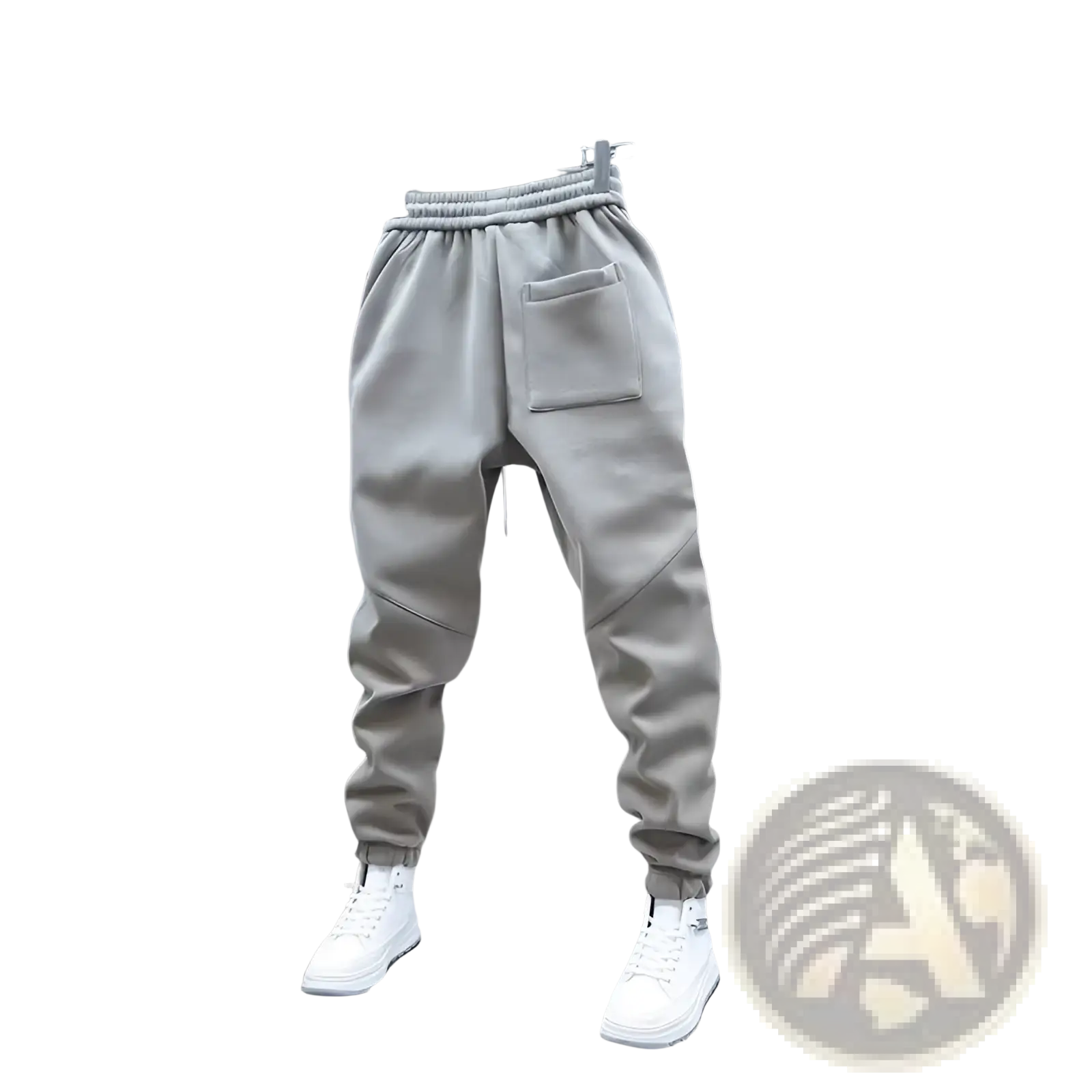 Gray mens casual solid color sweatpants with elastic waistband and single front pocket displayed on a hanger