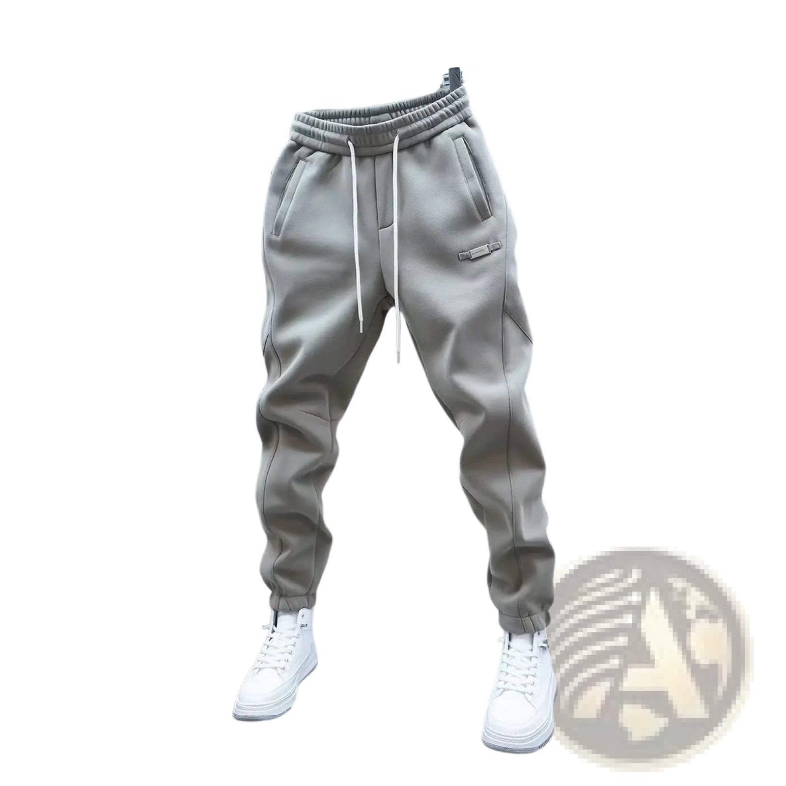 Mens casual solid color sweatpants in gray with white drawstrings and a small patch hanging on a metal rack