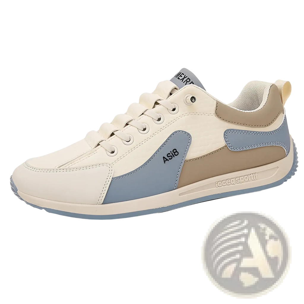 Beige and light blue men’s casual sports sneakers with non-slip microfiber sole and as18 logo on the side