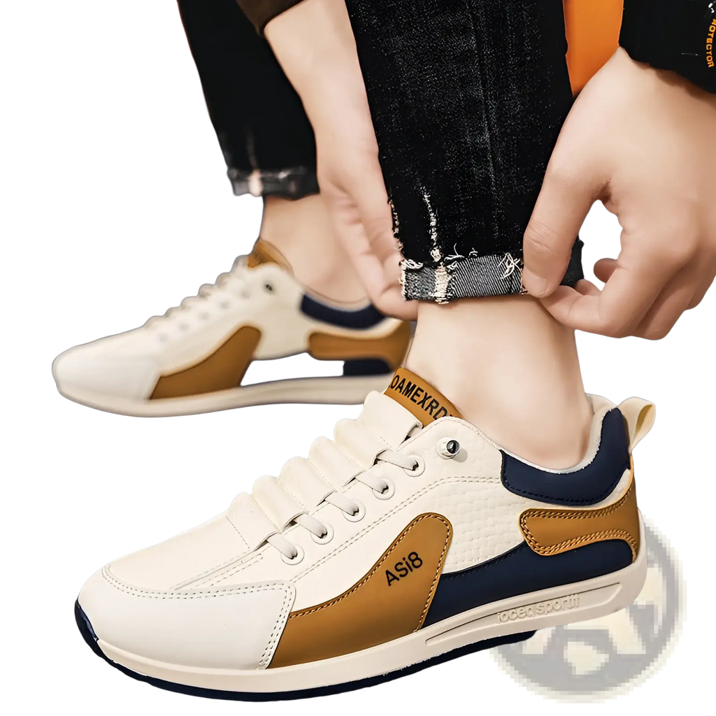 Men’s casual sports sneakers in white tan and navy blue with textured leather upper and non-slip rubber sole