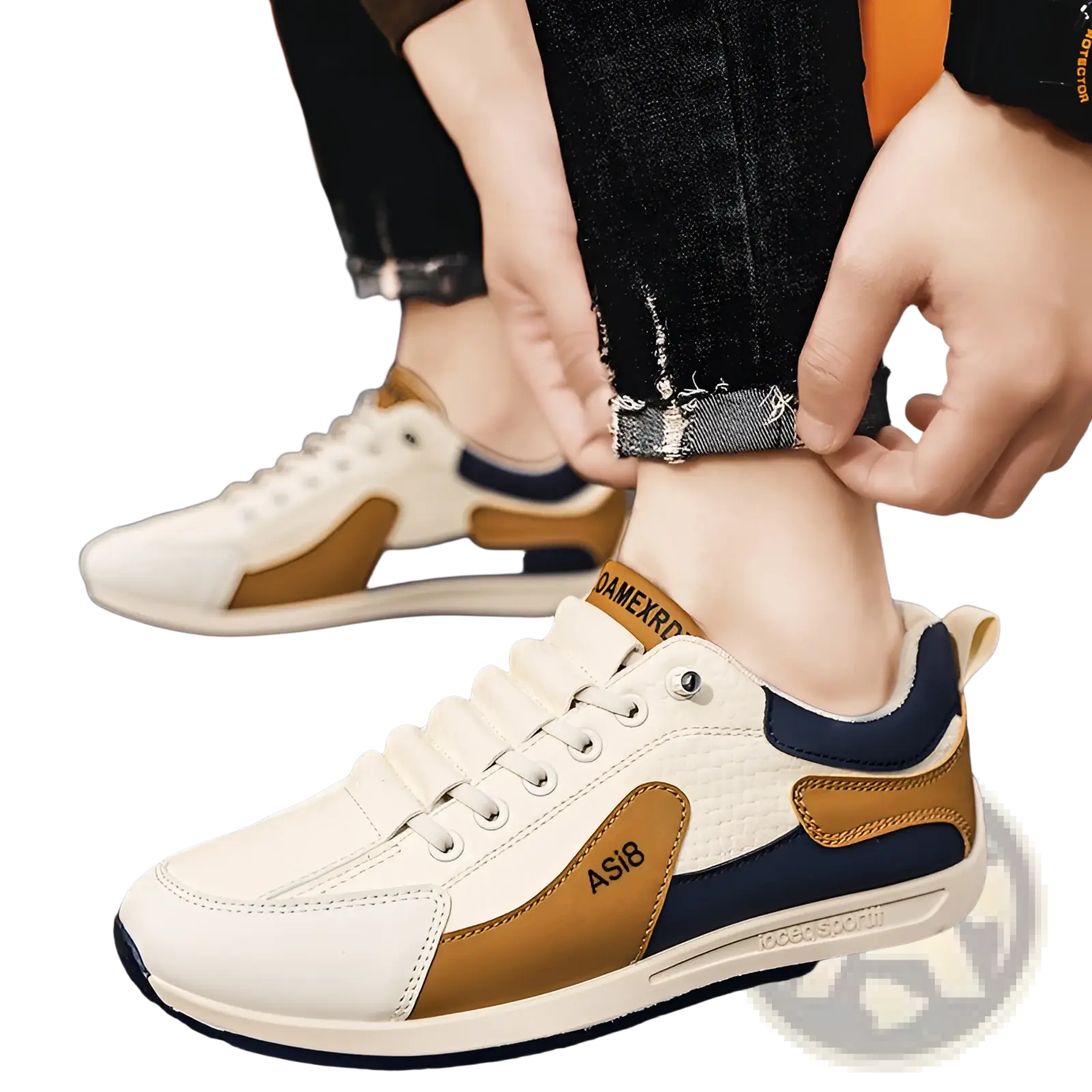 Men’s casual sports sneakers in white tan and navy blue with textured leather upper and non-slip rubber sole