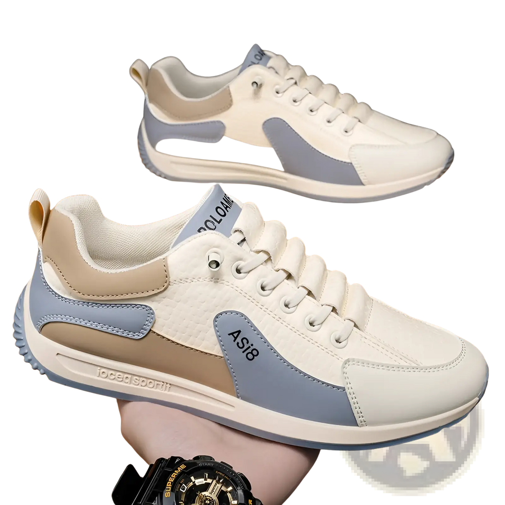 Men’s casual sports sneakers in white and light blue with beige accents featuring non-slip microfiber and stitched detailing