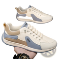 Men’s casual sports sneakers in white and light blue with beige accents featuring non-slip microfiber and stitched detailing